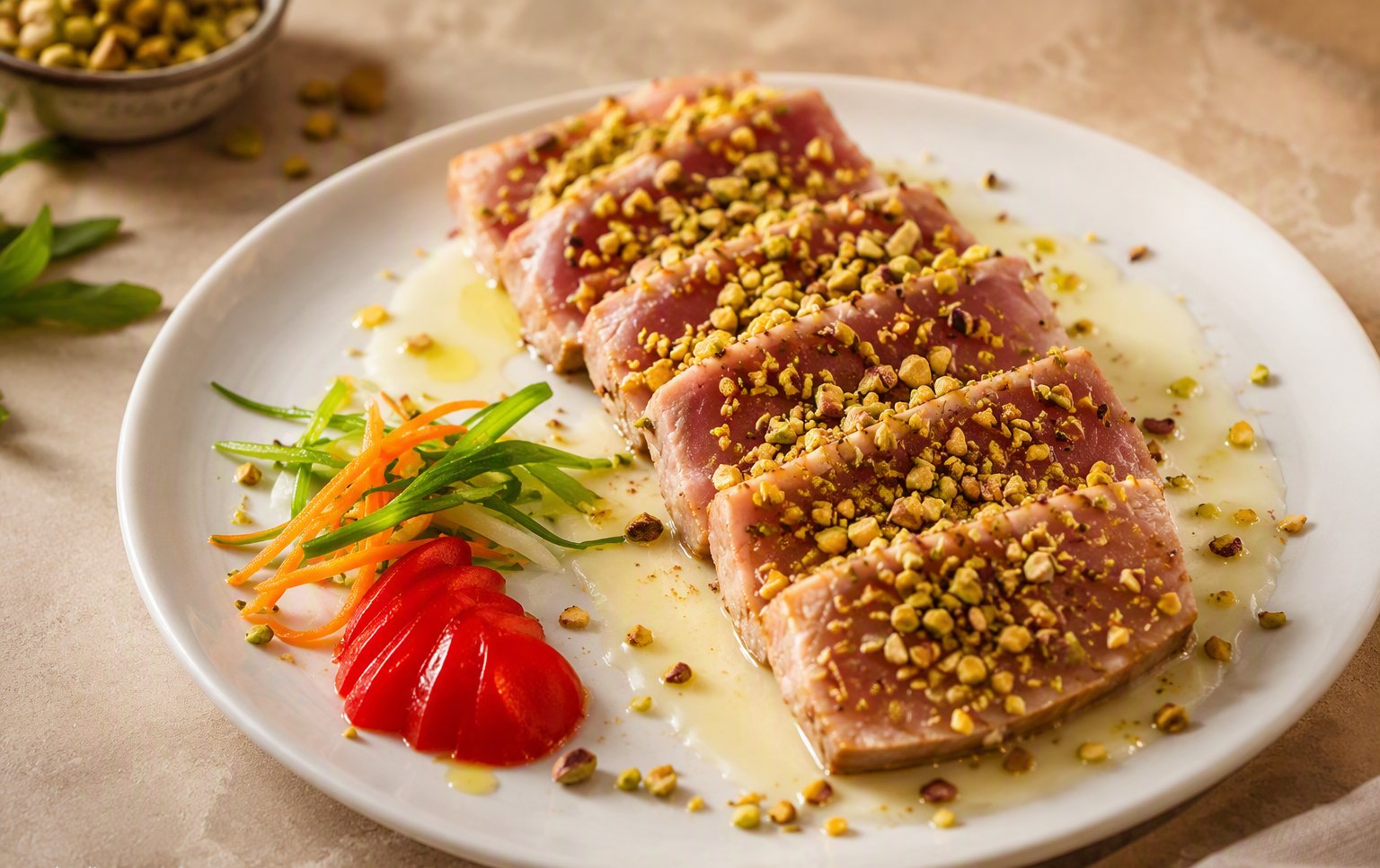 Tagliata di tonno al pistacchio